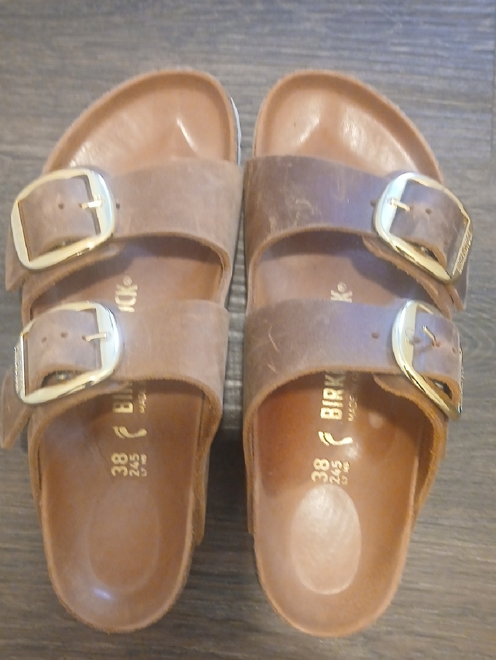Birkenstock Womens Brown Double-Strap Sandals with Gold Buckles